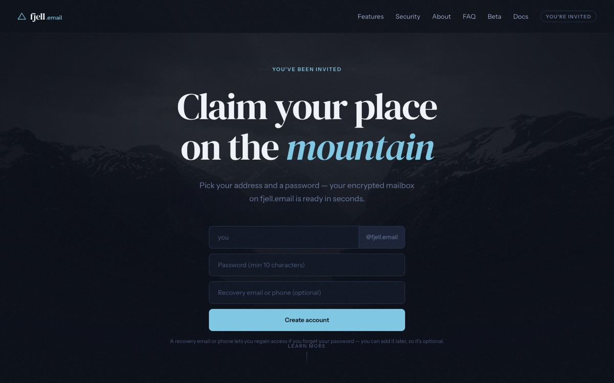 The fjell.email invite landing page with the account form