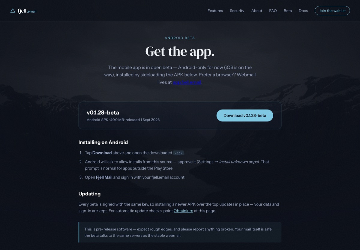 The fjell.email Android beta download page showing the current version